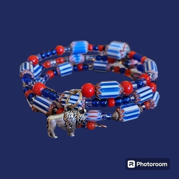 HANDMADE Vintage Chevron Glass Beaded Wrap Bracelet Buffalo Charm - Picture 2 of 7